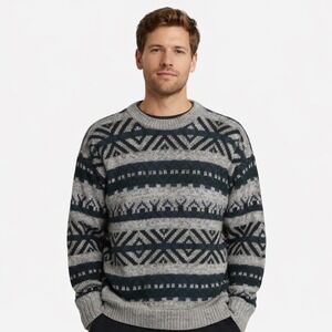 VTG Bill Blass Menswear Sweater Vintage Crew Neck Nordic Gray Green Knit L Y2K‎